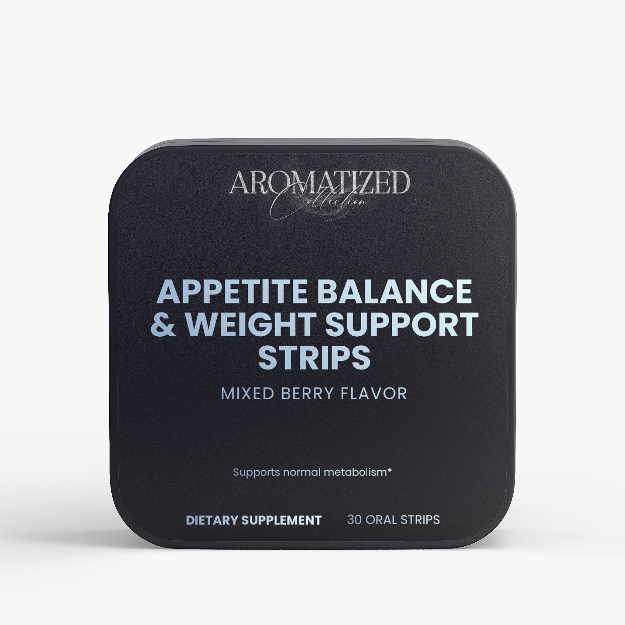 Aromatized Collection Appetite Balance & Weight Support Strips in a square black container with rounded corners, featuring white and light blue text on a clean white background.