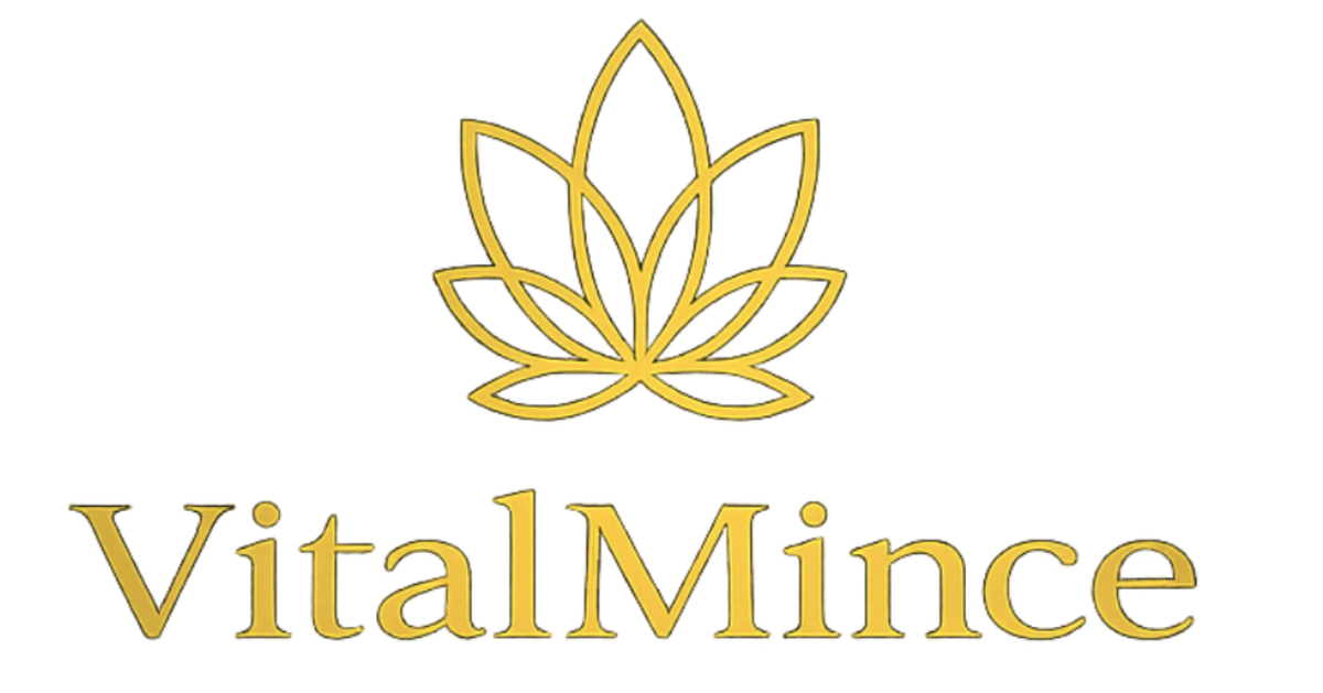 VitalMince logo in gold, featuring a stylized leaf emblem above the brand name, centered on a plain white background.