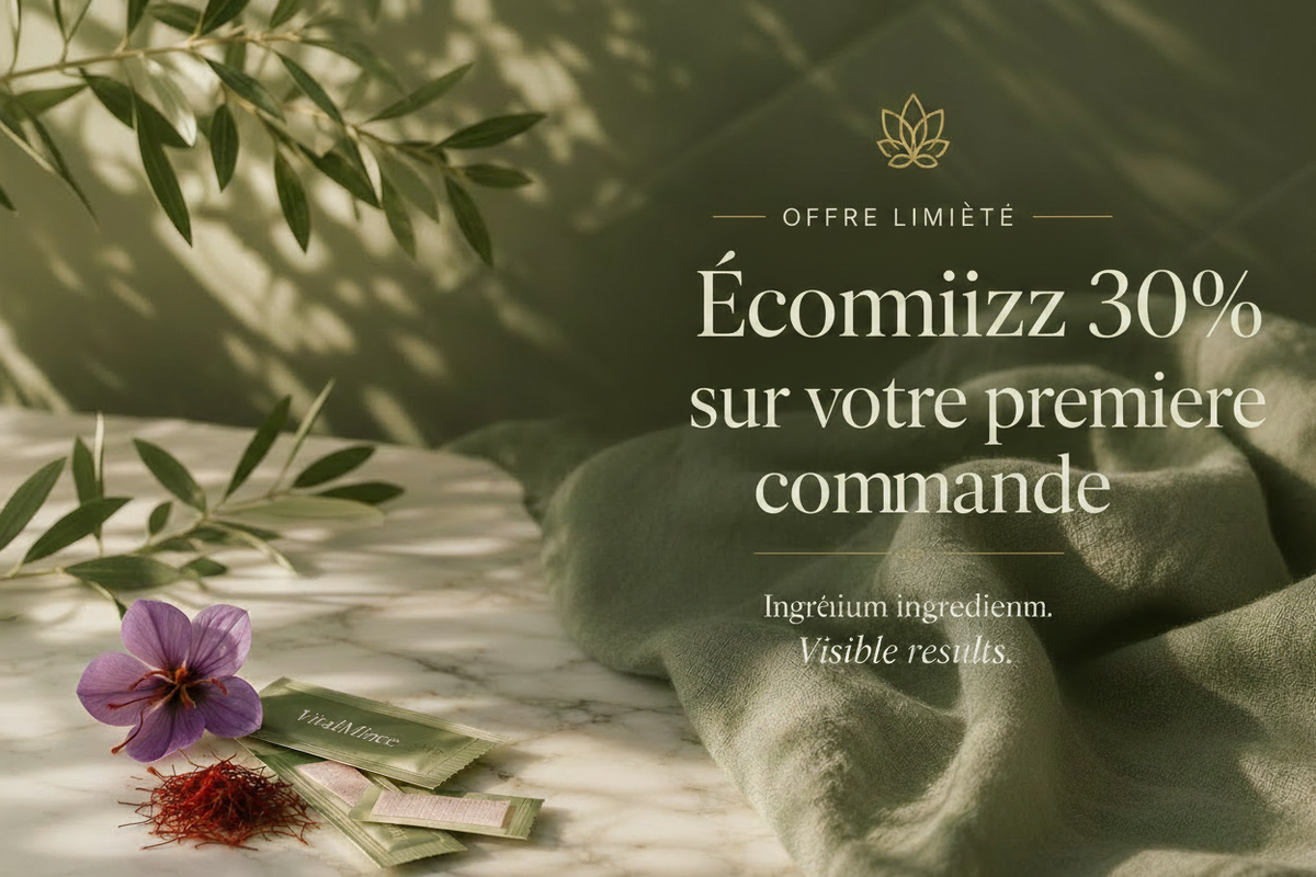 VitalMince dietary supplement jar in dark green with a gold lid, displayed on a marble surface with herbal sachets, a purple flower, and a green cloth, alongside promotional text offering 30% off on the first order.
