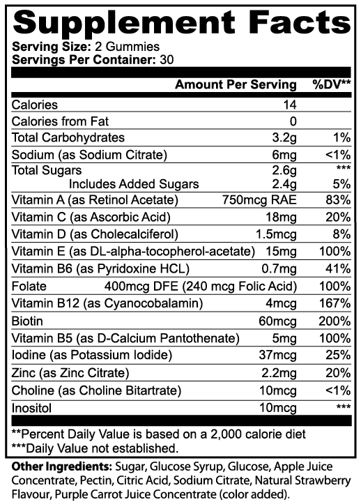 Vitalmince – Tableau nutritionnel Multivitamin Gummies adulte, vitamines A B C D E B12 Biotine